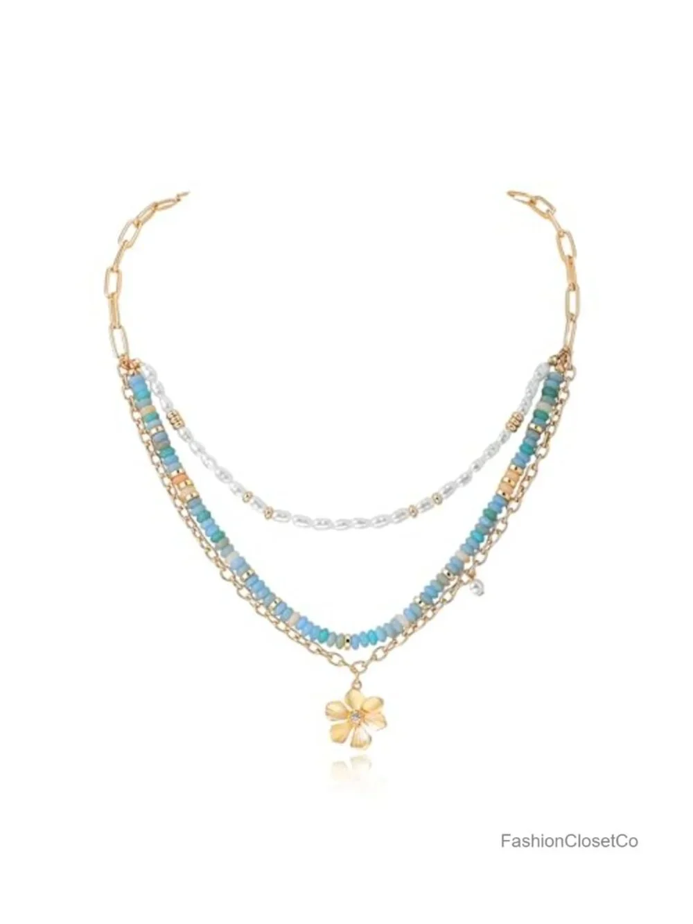 Layered Beaded Necklace with Flower Pendant for Women